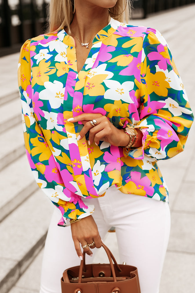 Colorful Floral Smock Long Sleeve Blouse