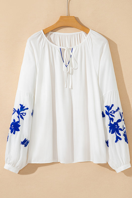 Floral Embroidered Drawstring V-Neck Blouse