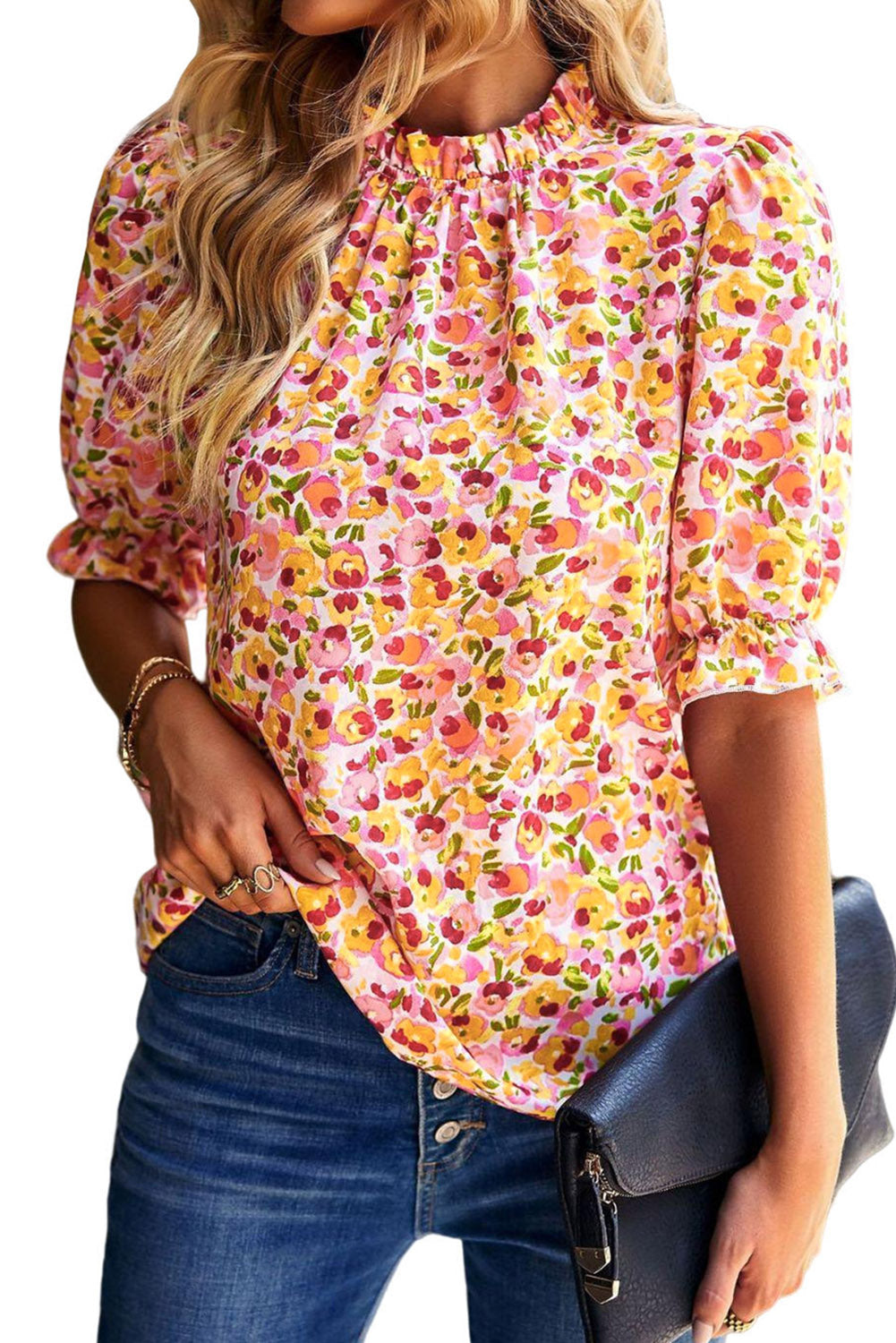 Floral Frill Mock Neck Blouse