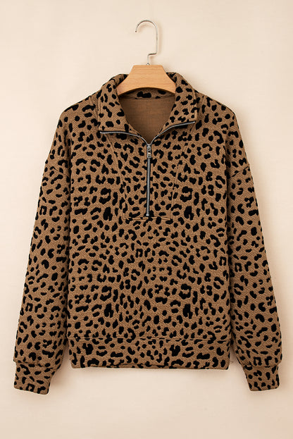 Leopard Quarter-Zip Drop Shoulder Sweatshirt