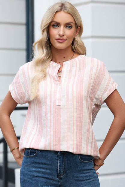 Stripe Half Buttoned Short Sleeve Blouse