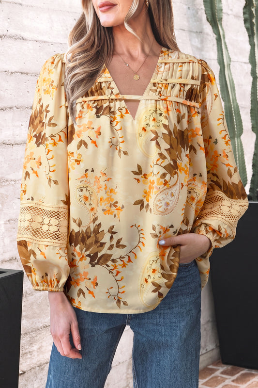 Paisley Lace Patchwork Long Sleeve V-Neck Blouse