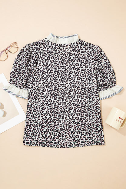 Leopard Colorblock Stripe V-Neck Short Sleeve Blouse