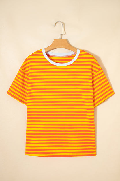 Stripe Contrast Crew Neck Drop Shoulder Tee