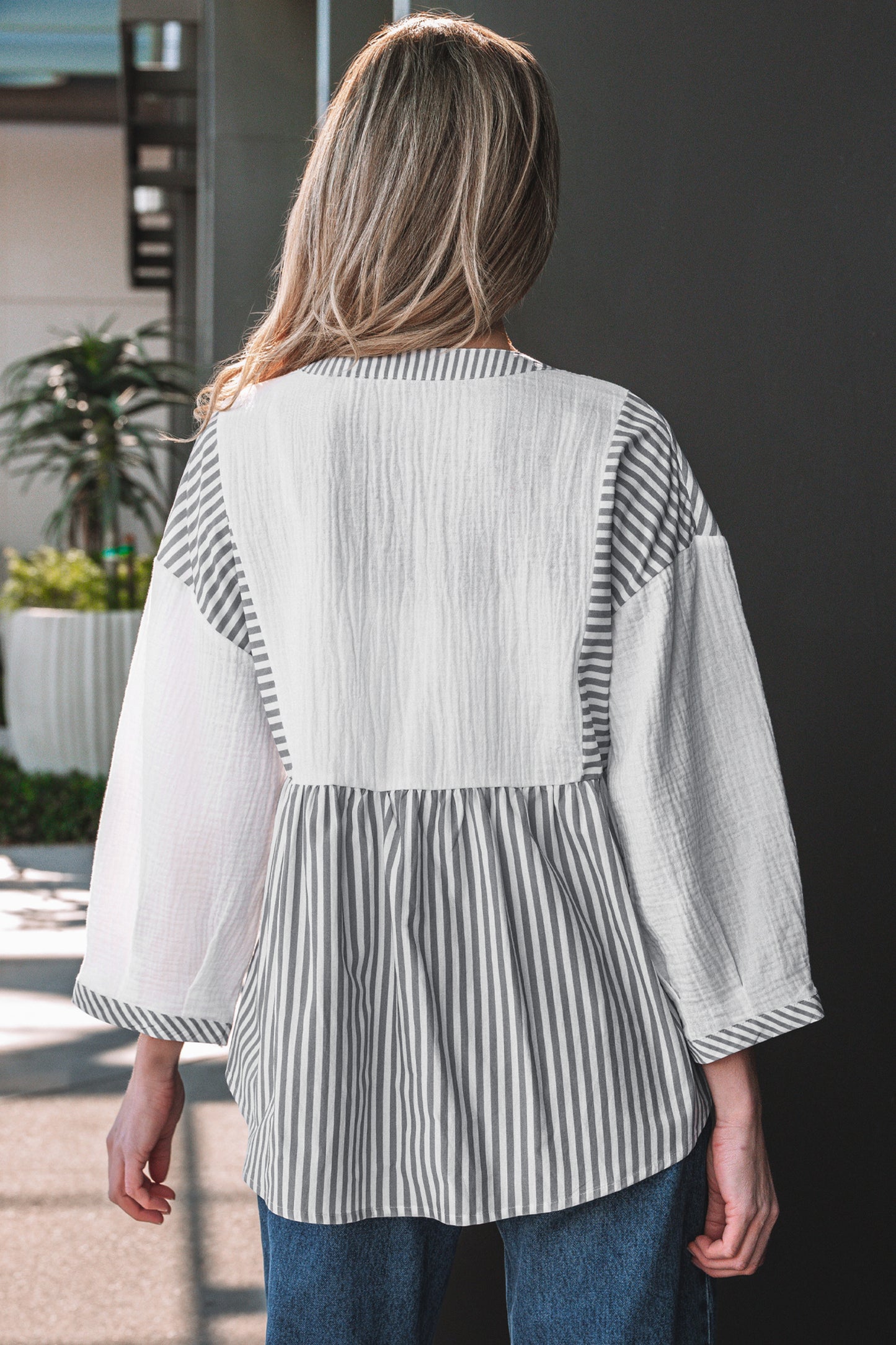 Stripe Gauze Patchwork Half Buttoned Babydoll Blouse