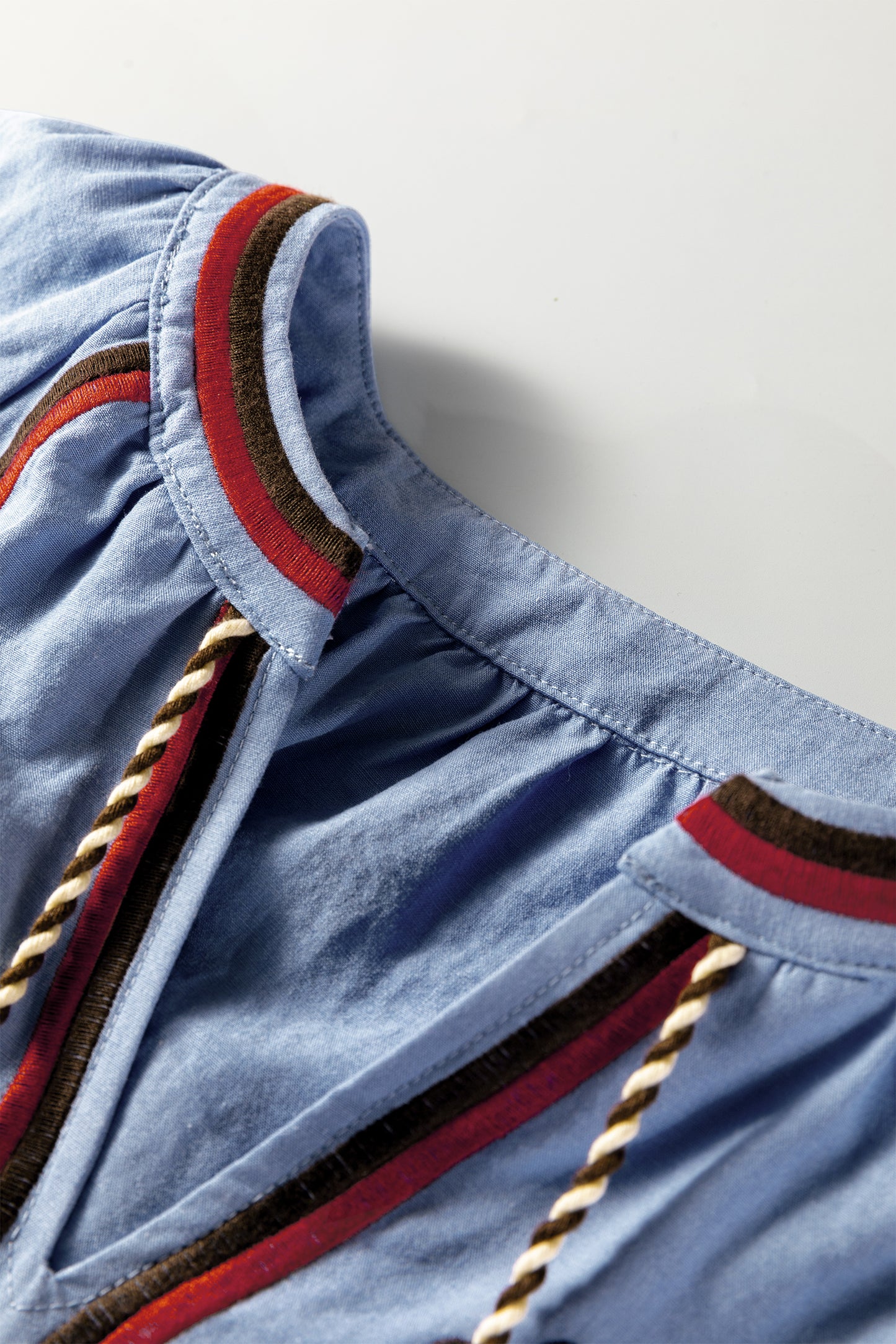 Floral Embroidered Tassel-Tie Puff Sleeve Blouse