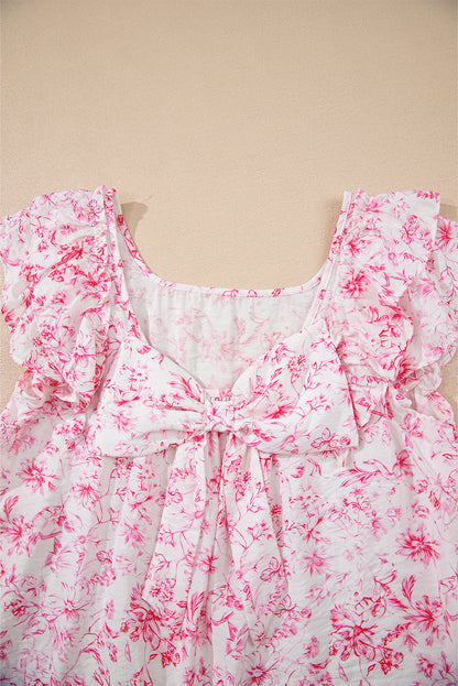 Floral Bow-Back Square Neck Ruffle Sleeve Blouse