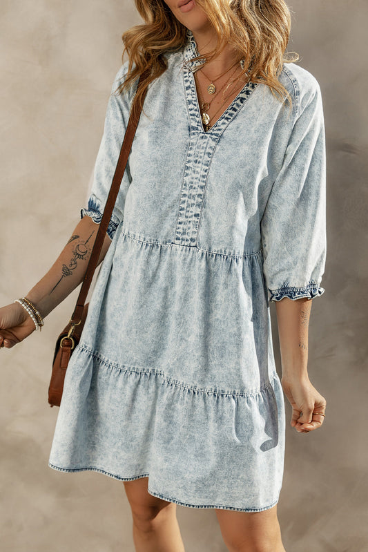 Denim Acid Wash Tiered Dress