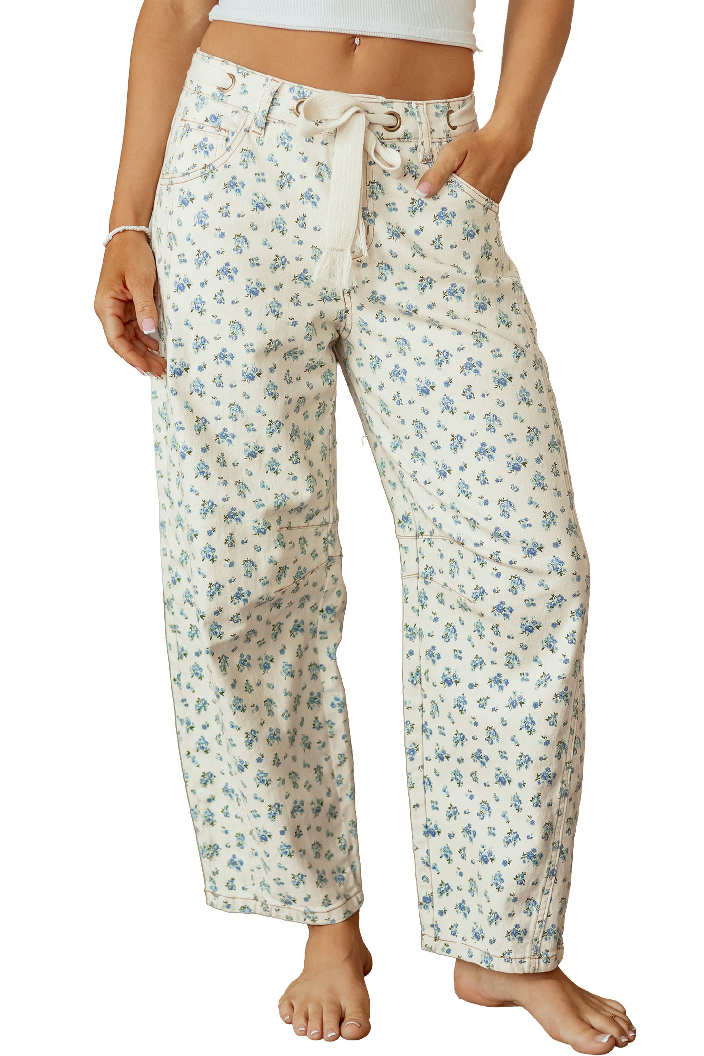 Floral Grommet Knot Waist Barrel Leg Jeans
