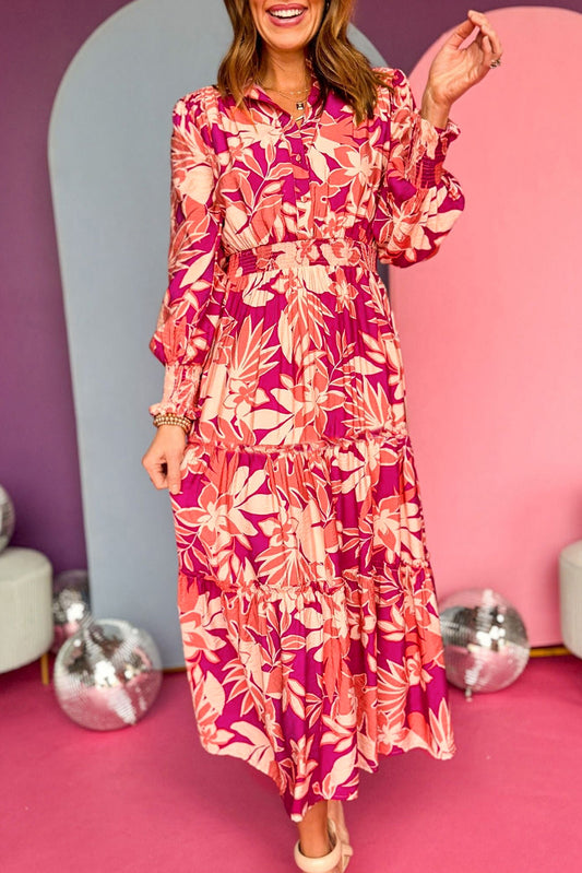 Floral Buttoned Smocked Maxi Dress