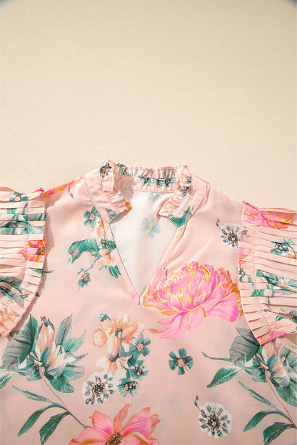 Floral Frilled V-Neck Pleated Sleeve Blouse