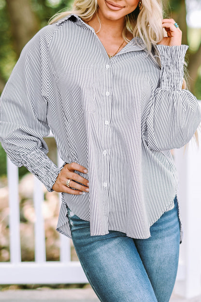 Stripe Smocked Long Sleeve Button-Up Shirt