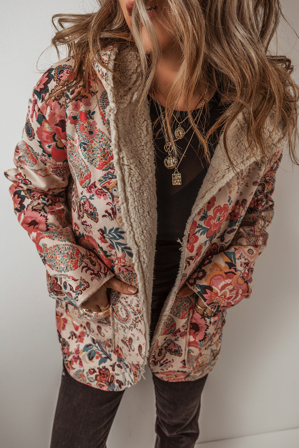 Floral Sherpa Lined Hooded Jacket