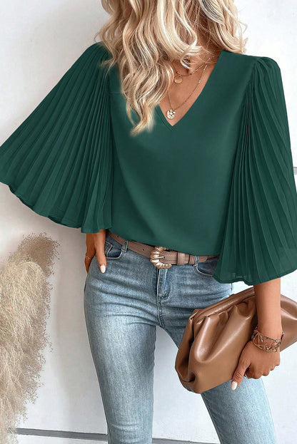 Pleated 3/4 Bell Sleeve Blouse