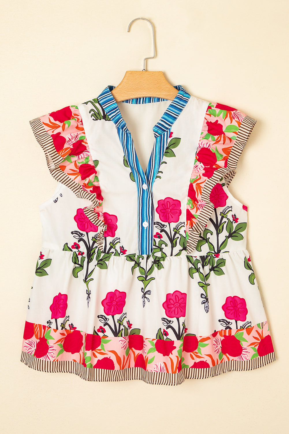 Floral Tie-Neck Stripe Detail Flutter Sleeve Blouse