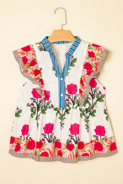 Floral Tie-Neck Stripe Detail Flutter Sleeve Blouse