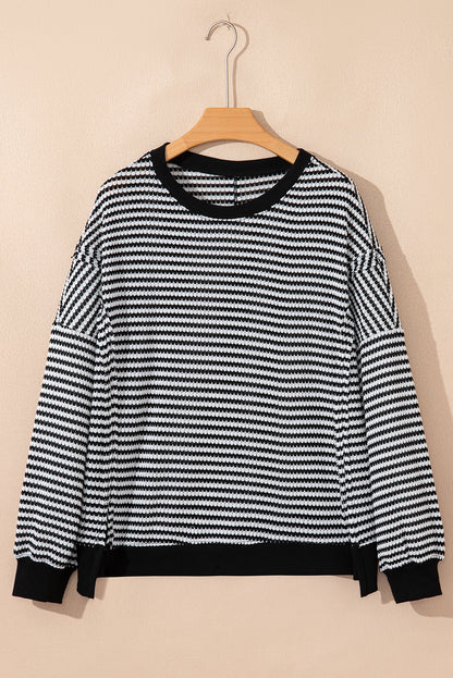 Stripe Ribbed Trim Drop Shoulder Top