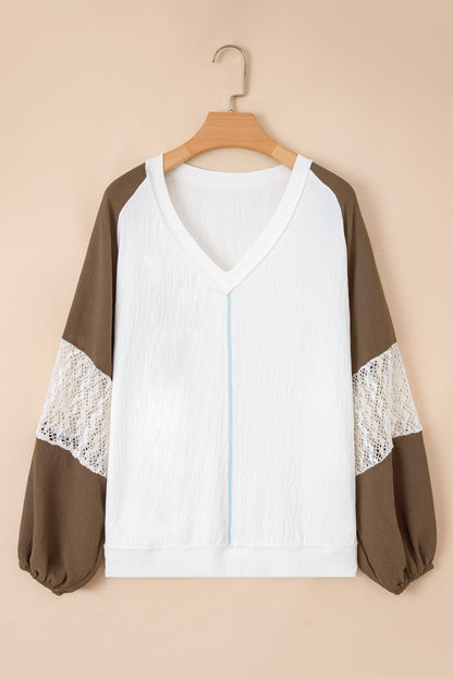 Plus Size Colorblock Lace Patchwork Balloon Sleeve Top