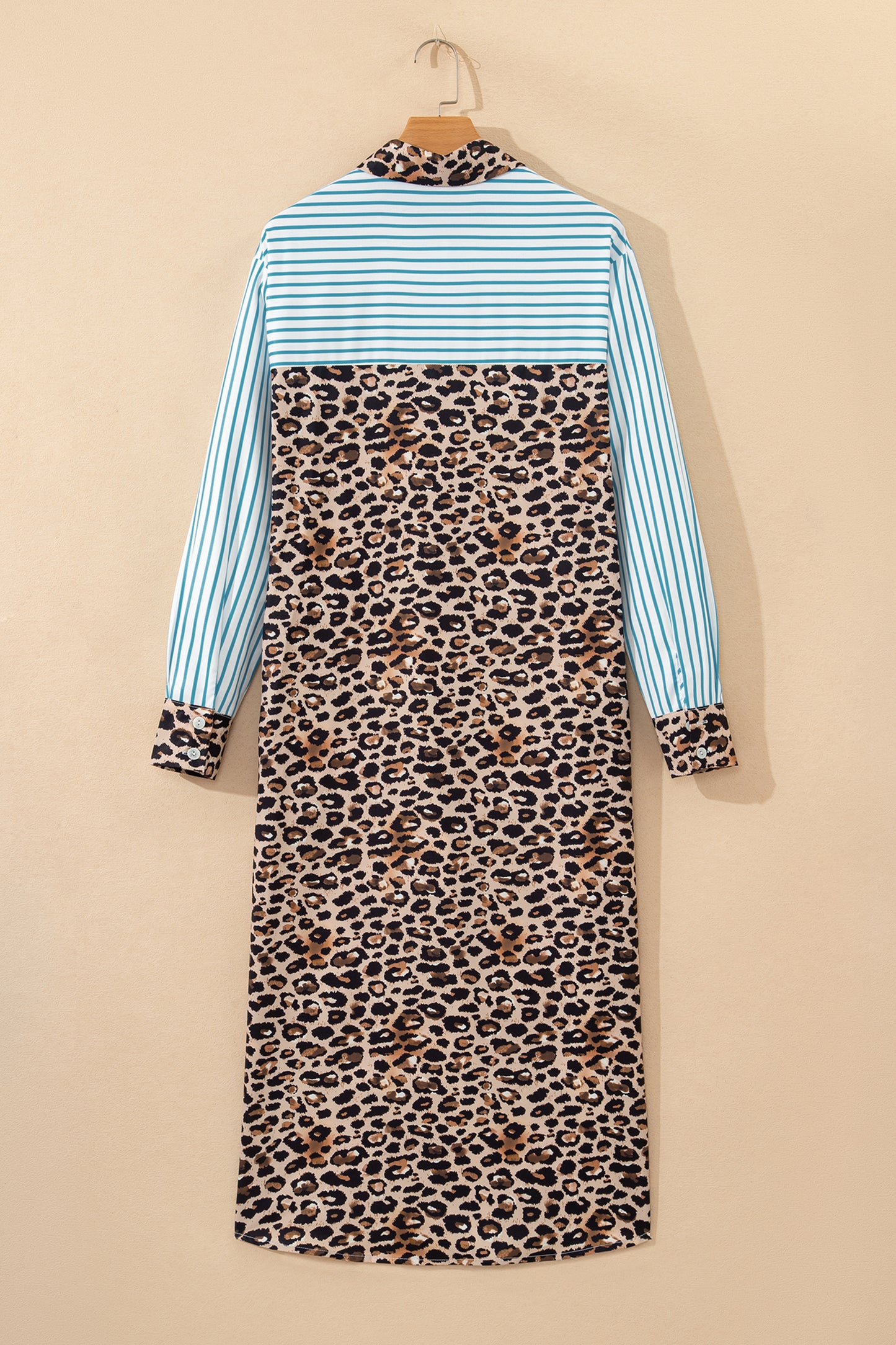 Leopard Patchwork Stripe Shirt Dress with Slits