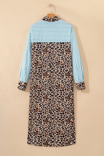 Leopard Patchwork Stripe Shirt Dress with Slits