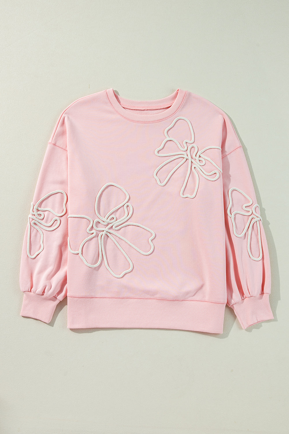 Bow Embroidered Ribbed Trim Sweatshirt