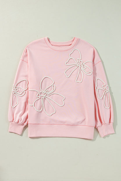 Bow Embroidered Ribbed Trim Sweatshirt