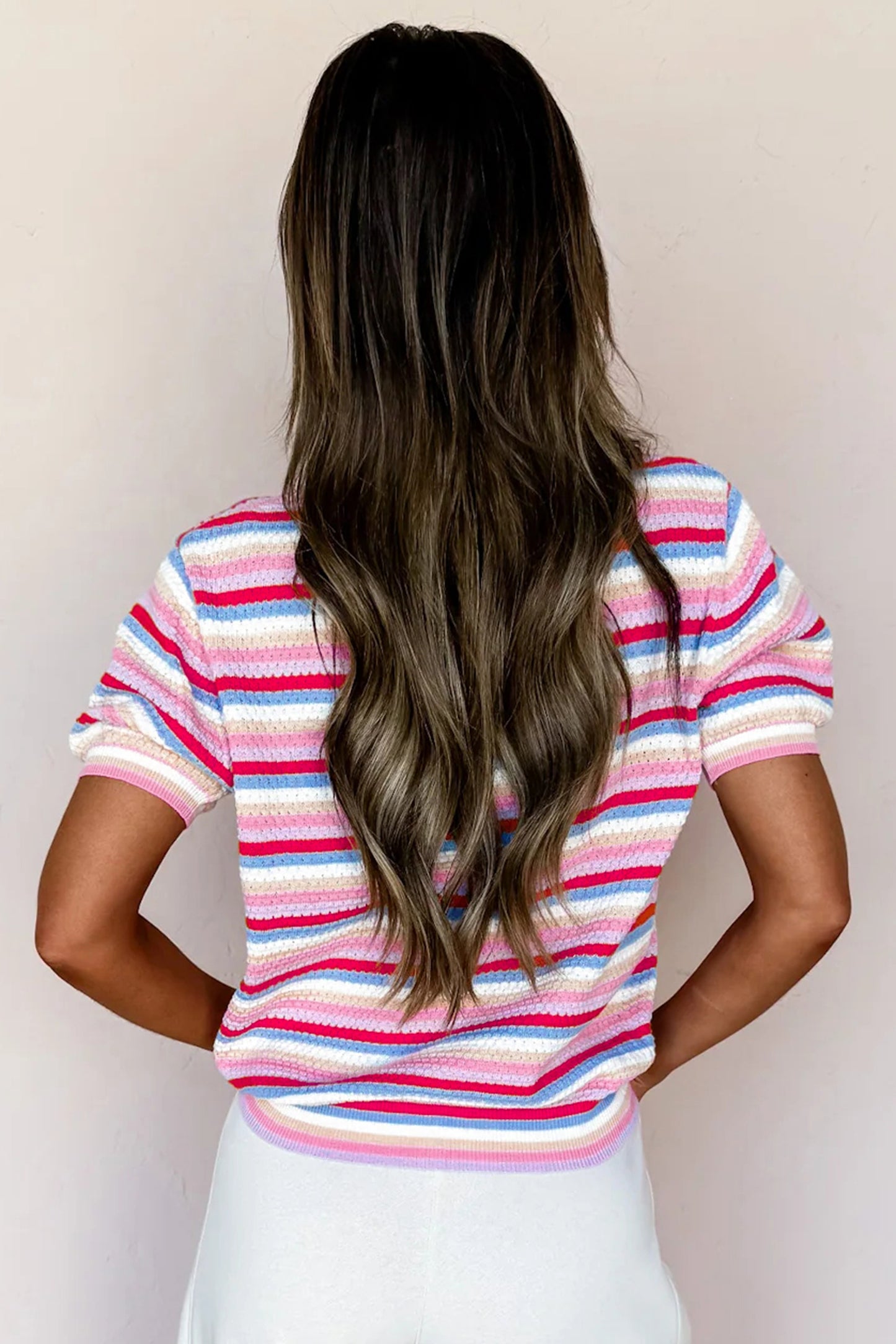 Stripe Textured Knit Short Sleeve Sweater