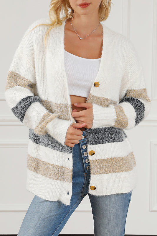 Stripe Button Front Fuzzy Cardigan