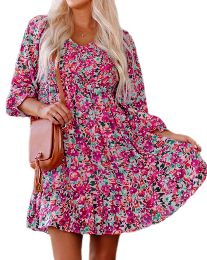 Floral V-Neck Puff Sleeve Dress