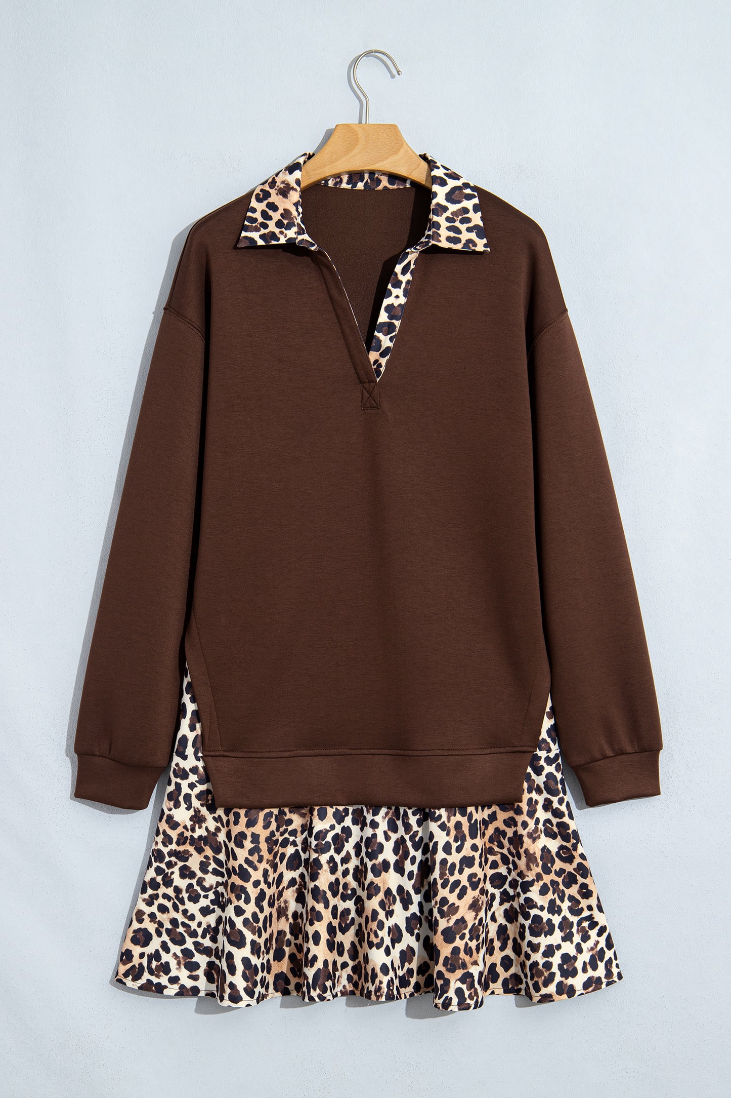 Leopard Patchwork Collared Long Sleeve Mini Dress