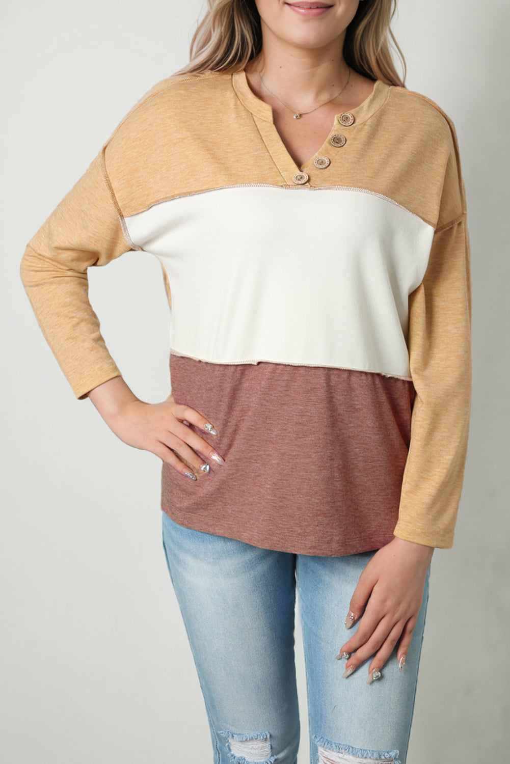 Colorblock Long Sleeve Henley Top