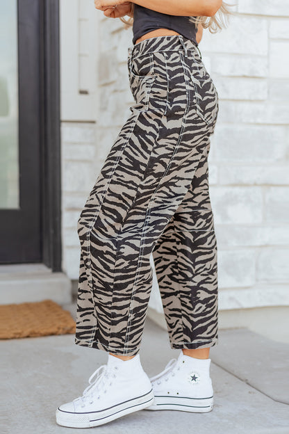 Zebra Stripe Denim Wide Barrel Leg Jeans