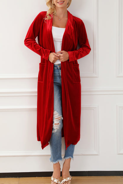 Velvet Open-Front Pocketed Cardigan