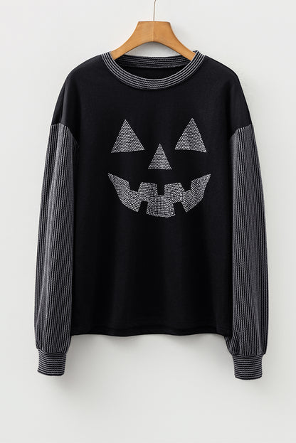 Halloween Rhinestone Pumpkin Patchwork Long Sleeve Top