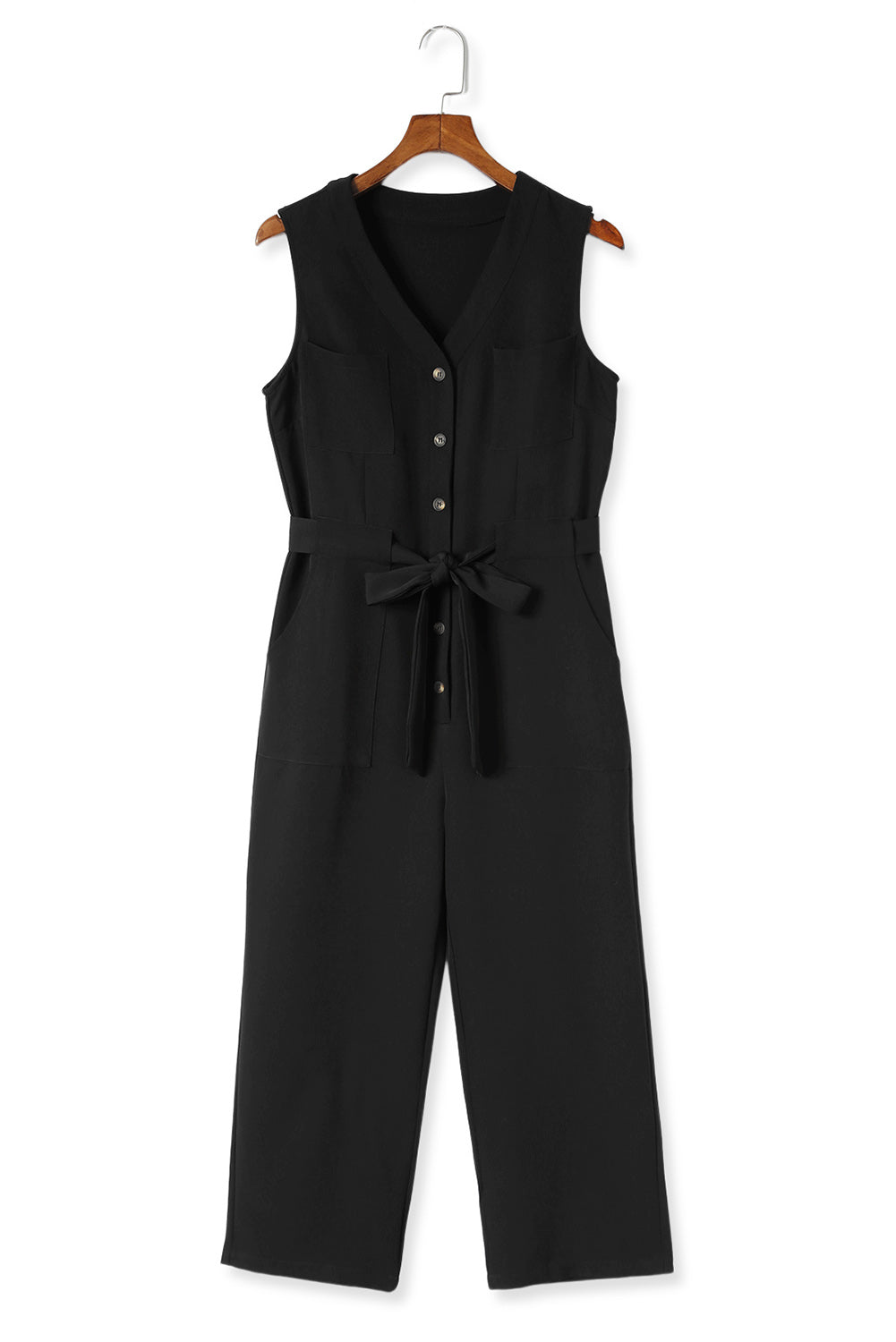 Button-Up Sleeveless Belted Jumpsuit