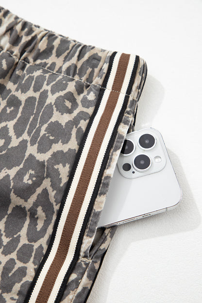 Leopard Stripe Detail Drawstring Denim Shorts