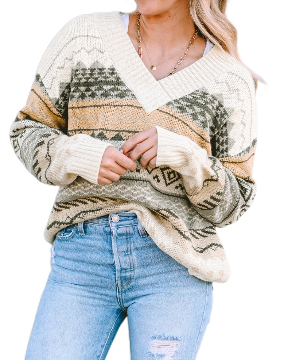 Fair Isle Ribbed V-Neck Sweater