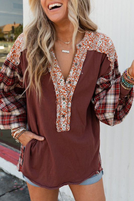 Floral Plaid Patchwork V-Neck Top