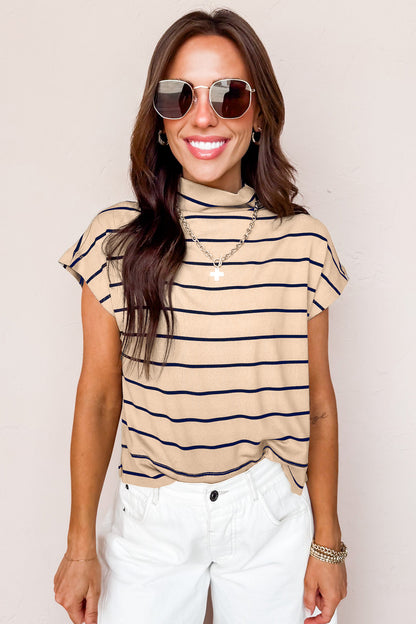 Stripe Mock Neck Short Sleeve Loose Top