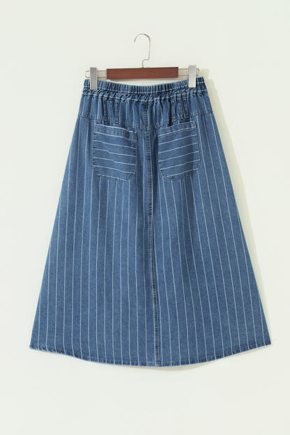 Stripe Denim Button Pleated High Waist Midi Skirt