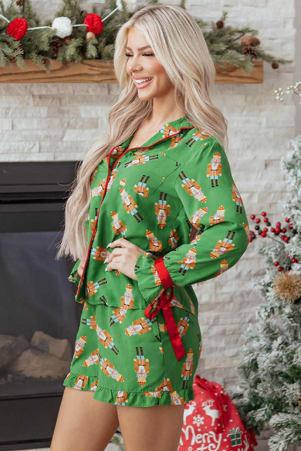 Christmas Bow Top and Ruffle Shorts Pajama Set