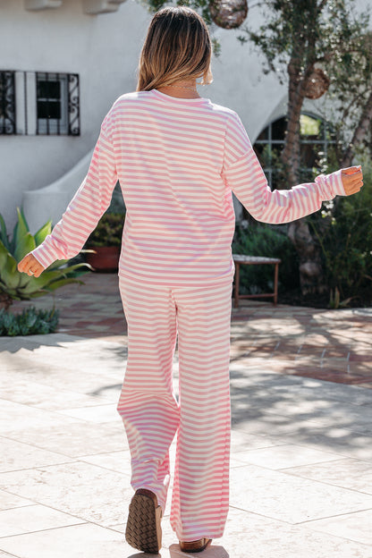 Stripe Drop Shoulder Top & Buttoned Pants Set