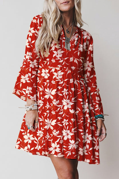 Boho Floral Lettuce Trim 3/4 Sleeve Mini Dress