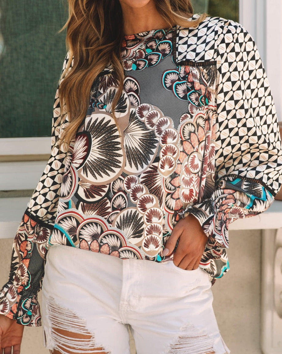 Floral Geometric Long Sleeve Blouse