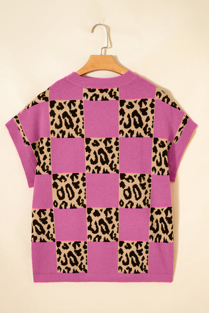 Leopard Checker Short Sleeve Knit Sweater