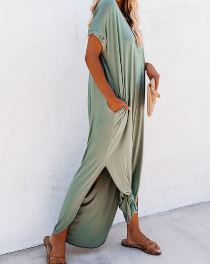 V-Neck Pocketed Maxi Shirt Dress