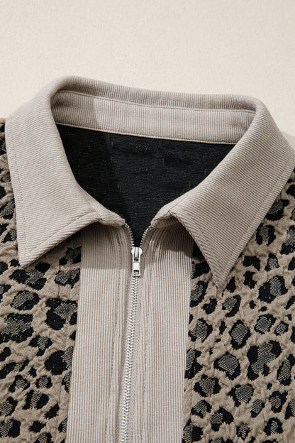 Leopard Zip-Up Collared Cap Sleeve Top