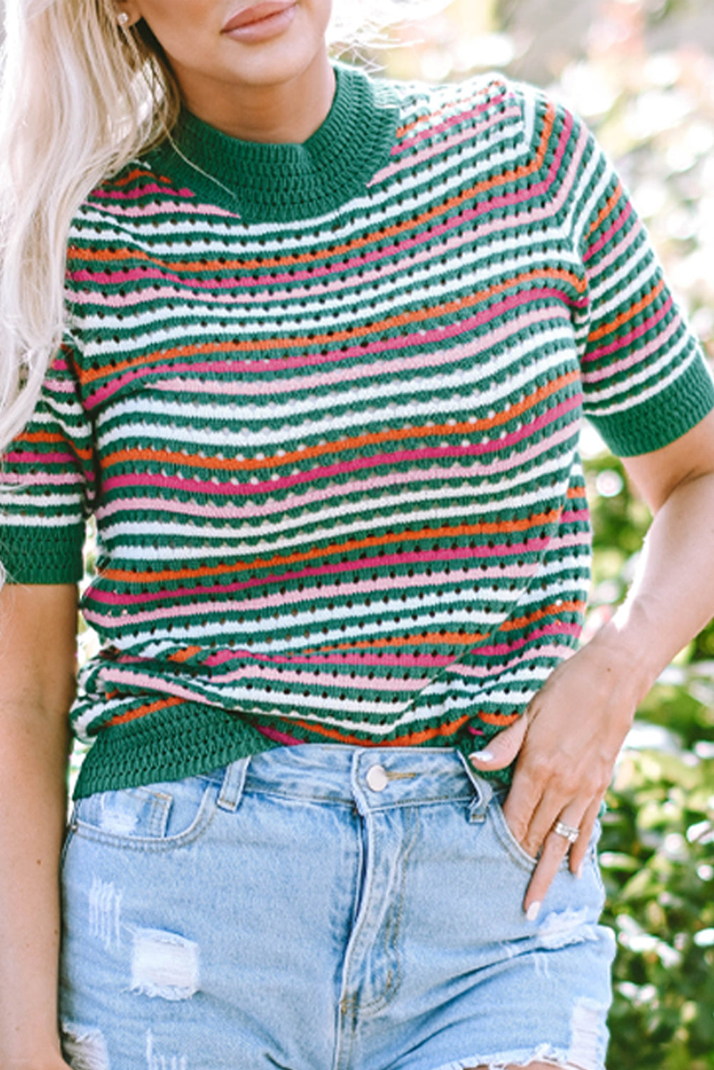 Stripe Pointelle Knit T-Shirt