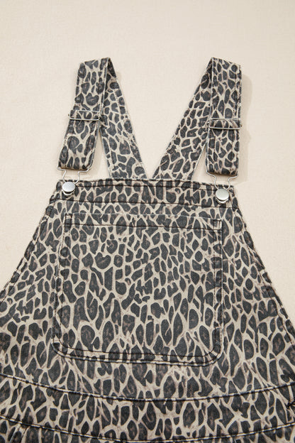Leopard Denim Straight Leg Overall Jumpsuit