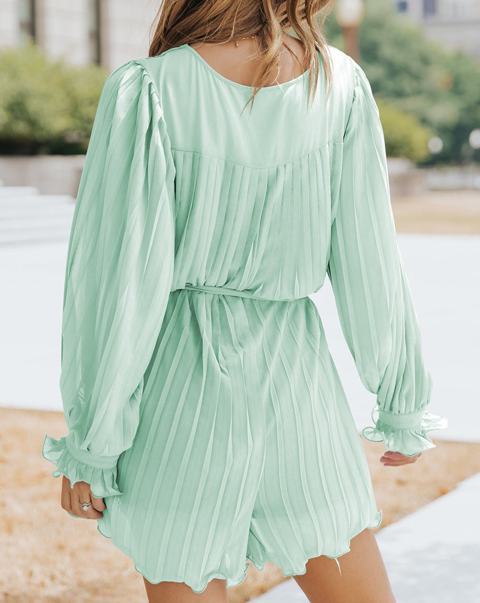 Pleated Ruffle Tie Waist Romper